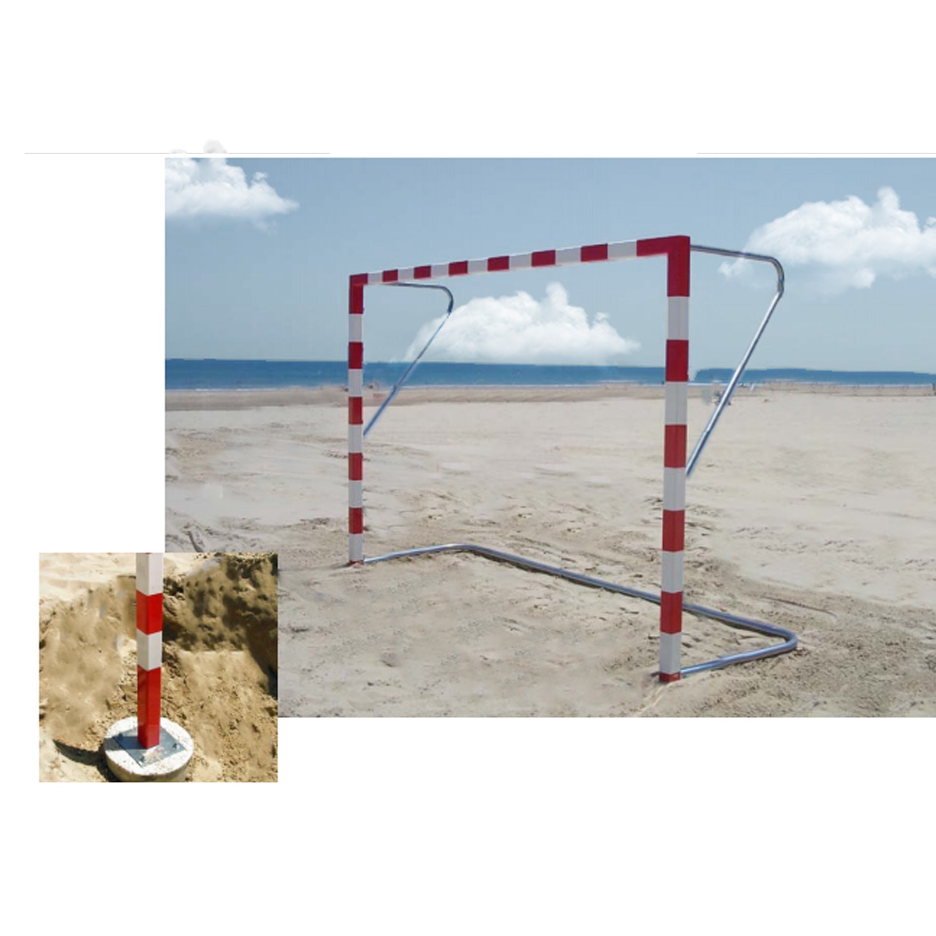 JUEGO DE 2 PORTERÍAS BALONMANO PLAYA ALUMINIO CON PLETINA DE AMARRE Y ARQUILLOS Y BASE GALVANIZADA