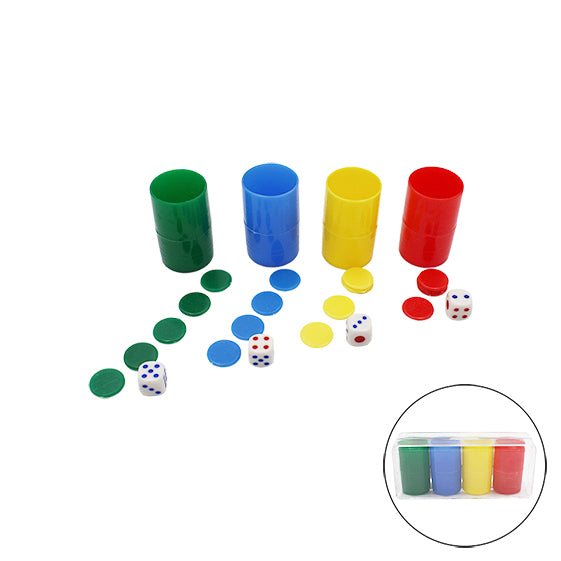 LOTE 3 PACKS 4 CUBILETES CON FICHAS DE PARCHÍS Y DADOS