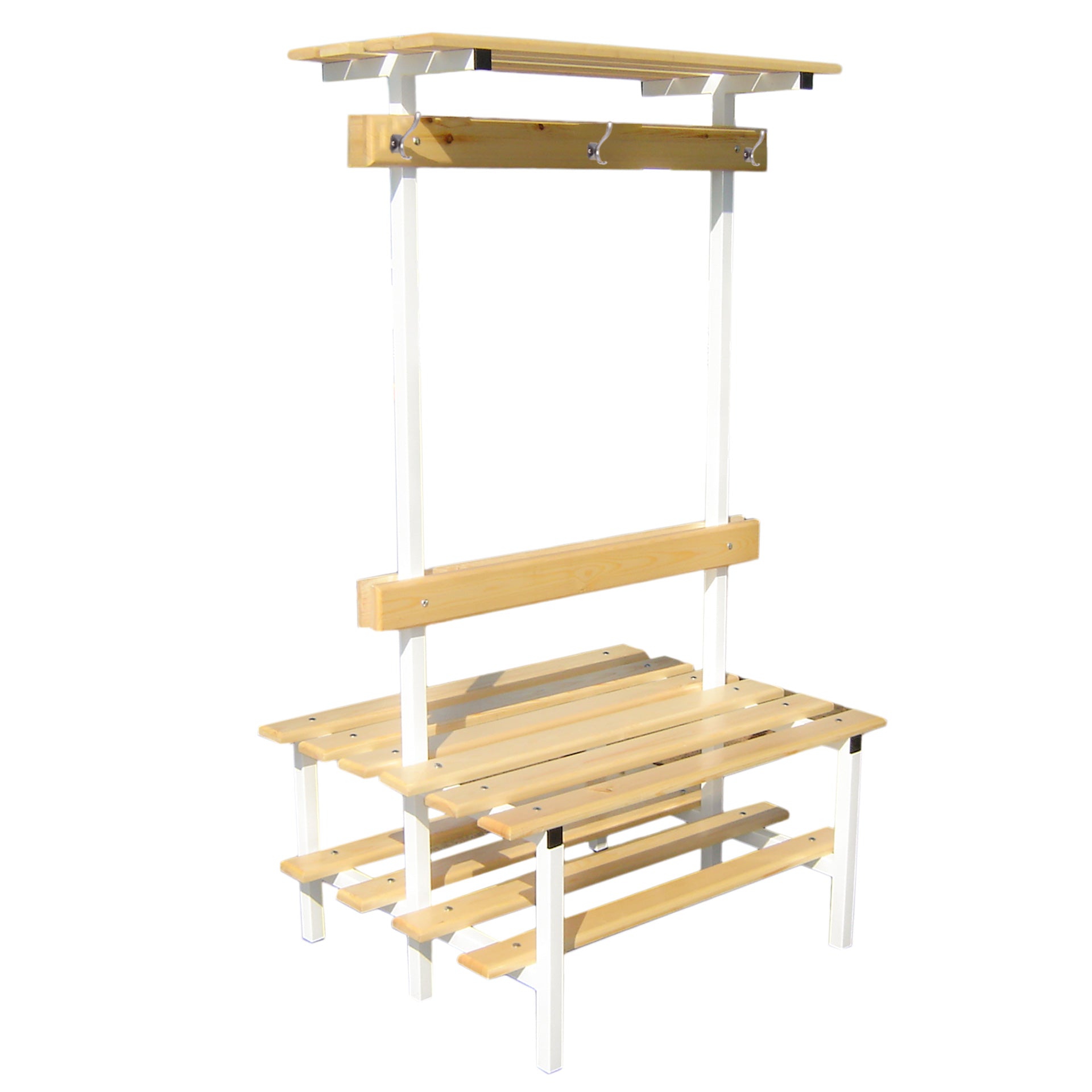 BANCO VESTUARIO DOBLE CON ZAPATILLERO, PERCHA Y ESTANTE SUPERIOR